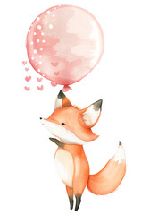 A soft watercolor illustration of a baby fox holding a balloon isolated on a white background.