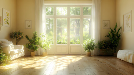 Design for a cream-colored apartment living room with smooth arc doors, comfortable furniture, and simple lighting.