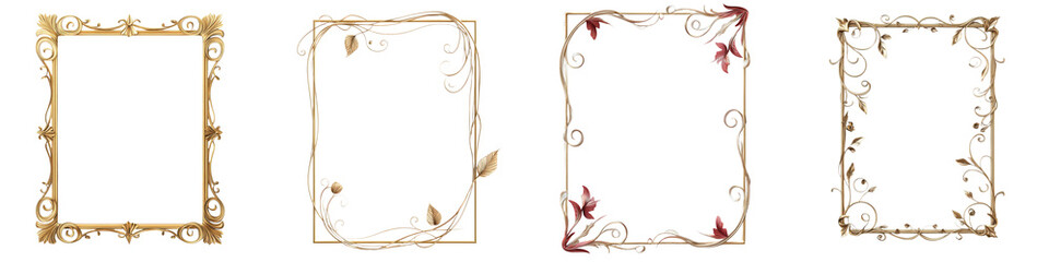 Four ornate picture frames in various styles, empty and ready for artworks or photos, set against a dark background.