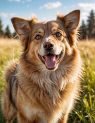 Happy golden dog smiling in green grass field under blue sky with fluffy clouds