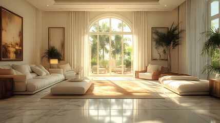 Design for a cream-colored apartment living room with smooth arc doors, comfortable furniture, and simple lighting.