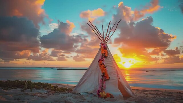 video of teepee tent with flower on top on the beach