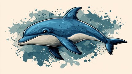 A vibrant blue dolphin illustration featuring playful details and dynamic splashes of color.