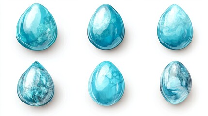A collection of six vibrant turquoise stones with smooth, glossy surfaces and intricate marbled patterns.