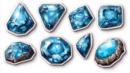 Fototapeta premium Collection of sparkling blue gemstones in various cuts and shapes, radiating brilliance and color.
