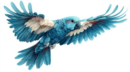 Obraz premium A vibrant blue parrot soaring gracefully with outstretched wings, showcasing stunning feathers and bold colors.