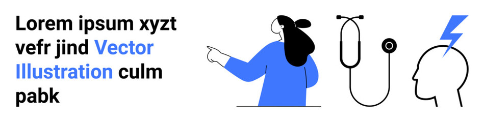 A person in a blue outfit is pointing towards a stethoscope and a head with a lightning bolt. Ideal for healthcare, mental health, medical innovation, technology in healthcare, and diagnostics