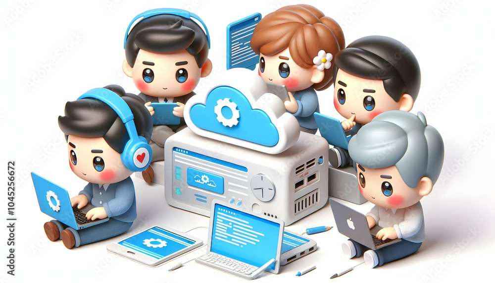 Poster 3d developers testing cloud applications focus expressions precision natural office lighting quality