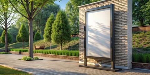 A blank billboard stands on a brick wall in a serene park setting, ready for your message.