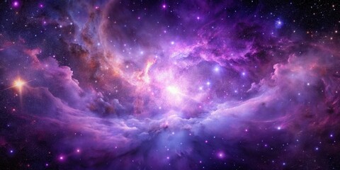 Naklejka premium A celestial tapestry of purple and pink hues, with swirling nebulae and shimmering stars, a visual symphony of cosmic wonder.