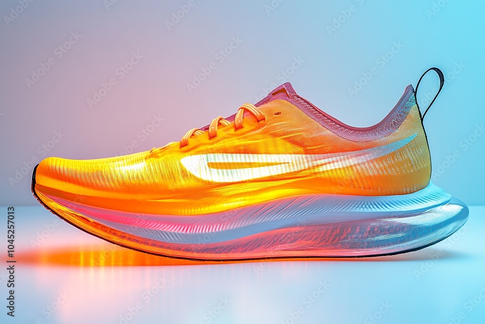 Poster this action-packed image showcases running shoes mid-stride, captured with dynamic lighting against 