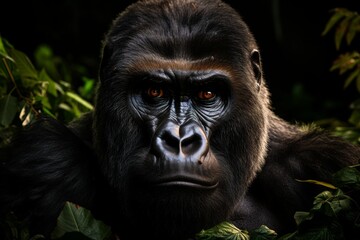 Obraz premium A powerful gorilla gazes into the distance while surrounded by vibrant green leaves in its natural habitat. The warm light of dusk highlights its expressive features and deep-set eyes.