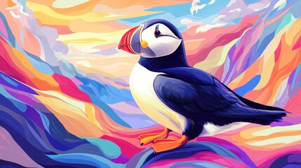 Obraz premium Cartoon puffin illustration set against a vibrant colorful backdrop