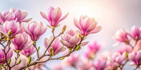 Fototapeta premium fragment of magnolia bush blooming pink flowers