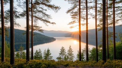 Obraz premium Serene Misty View of Tall Pine Trees at Sunrise