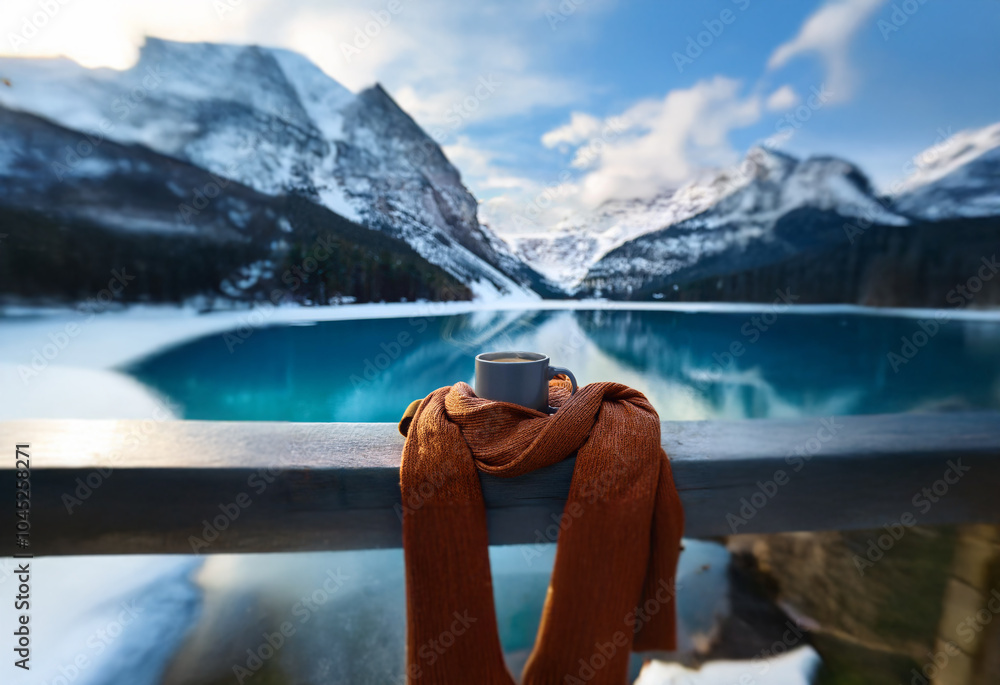 Poster A rust-colored scarf hangs over the railing of a bridge overlooking a frozen lake and snow-capped mountains.