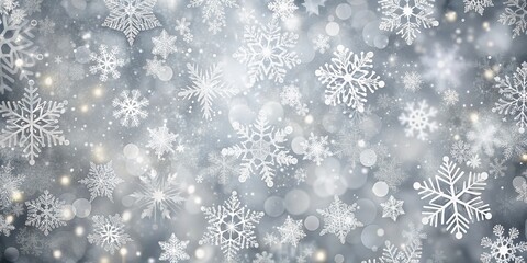 Naklejka premium A shimmering silver backdrop adorned with intricate snowflakes and bokeh lights, creating a festive winter wonderland.