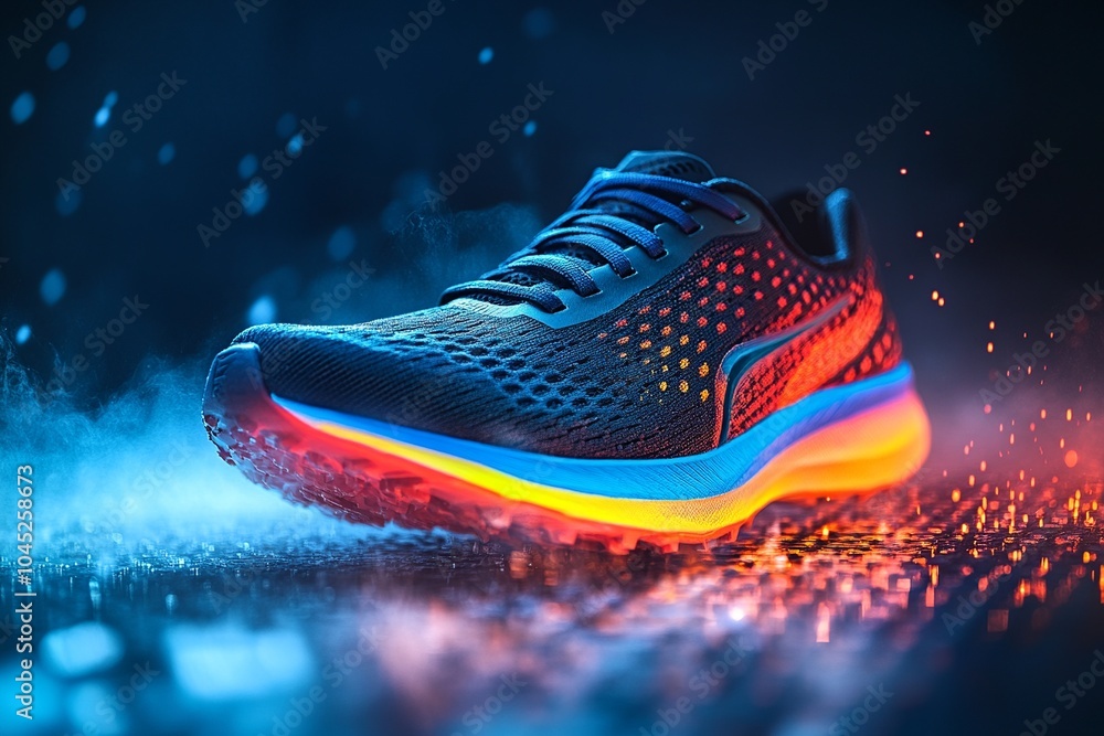 Poster this action-packed image showcases running shoes mid-stride, captured with dynamic lighting against 