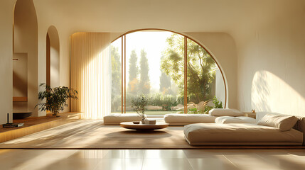 Fototapeta premium Design for a cream-colored apartment living room with smooth arc doors, comfortable furniture, and simple lighting.