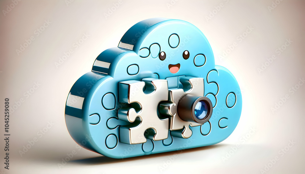 Poster 3d glossy cloud icon puzzle concept camera captures interlocking pieces plain background problem sol