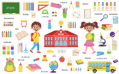 Naklejka premium Set of school supplies and schoolchildren. Back to school.