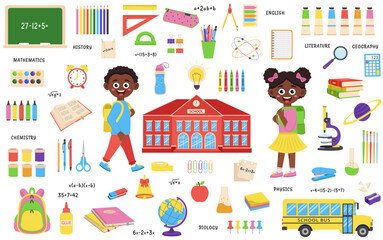 Obraz premium Set of school supplies and schoolchildren. Back to school.