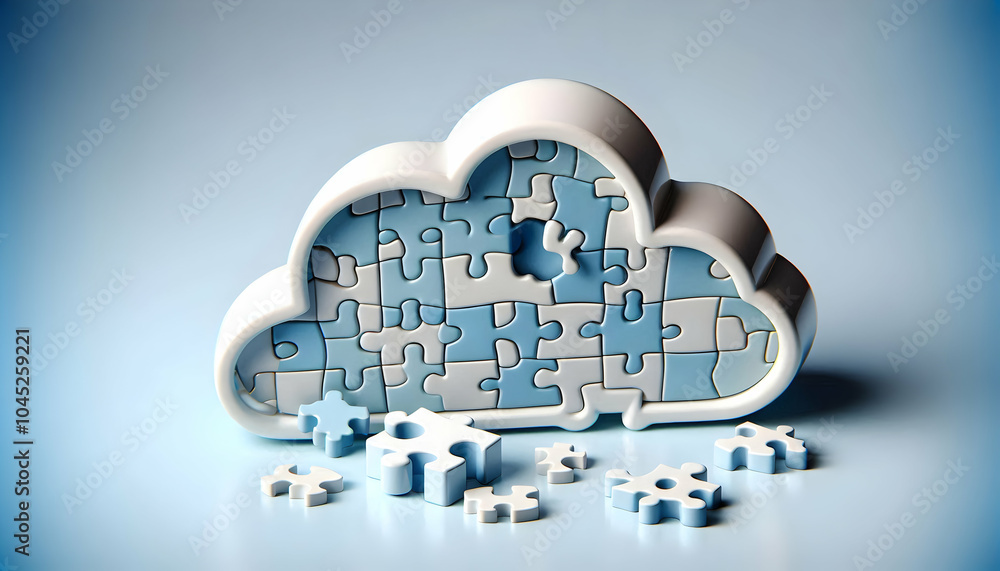 Poster 3d glossy cloud icon with interlocking puzzle pieces on plain background - symbolizing problem solvi
