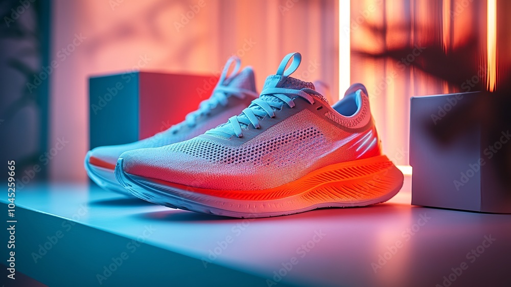 Poster this action-packed image showcases running shoes mid-stride, captured with dynamic lighting against 