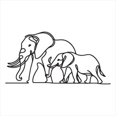 single one line asian elephant and African elephant silhouette on white background
