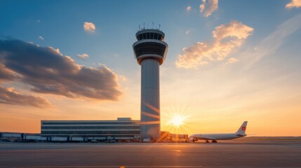 Obraz premium Sunrise at Airport Control Tower with Planes