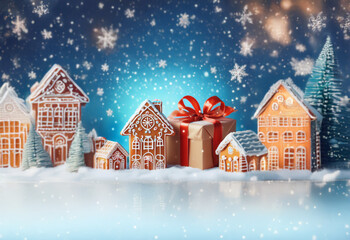 A row of gingerbread houses covered in snow sit in front of a large gift box with a red bow.