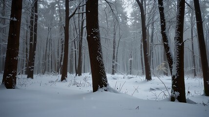 The image depicts a snow-covered path that meanders through a forest, with trees on either side. These trees are tall, and their trunks are dusted with snow. The atmosphere of the forest