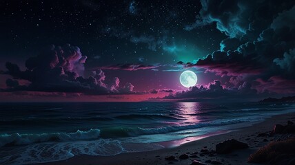 stunning nightscape with a vast expanse of sea in the foreground. Resting above the sea is a large, pink-purple planet or moon, creating a compelling focal point in the composition.