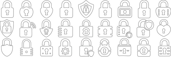 Lock icon line illustration, padlock, security, protection, safety vector outline, shield, gear, unlock. Simple, minimal line drawings for cybersecurity, digital protection, privacy, and secure access