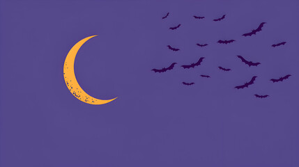 Obraz premium A minimalist Halloween background with negative space, featuring a single crescent moon in the center of a deep purple sky, surrounded by bats