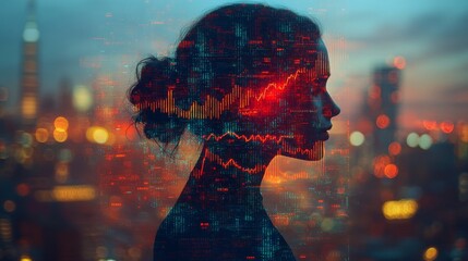 Double exposure portrait of a business professional in an urban setting during twilight hours