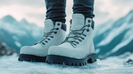 Winter Boots on Icy Ground in Mountain Landscape