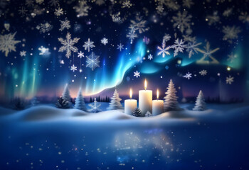 Three white candles stand tall in a snow-covered forest illuminated by the aurora borealis with falling snowflakes.