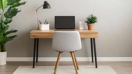 Cozy Home Office Workspace with Laptop and Plants