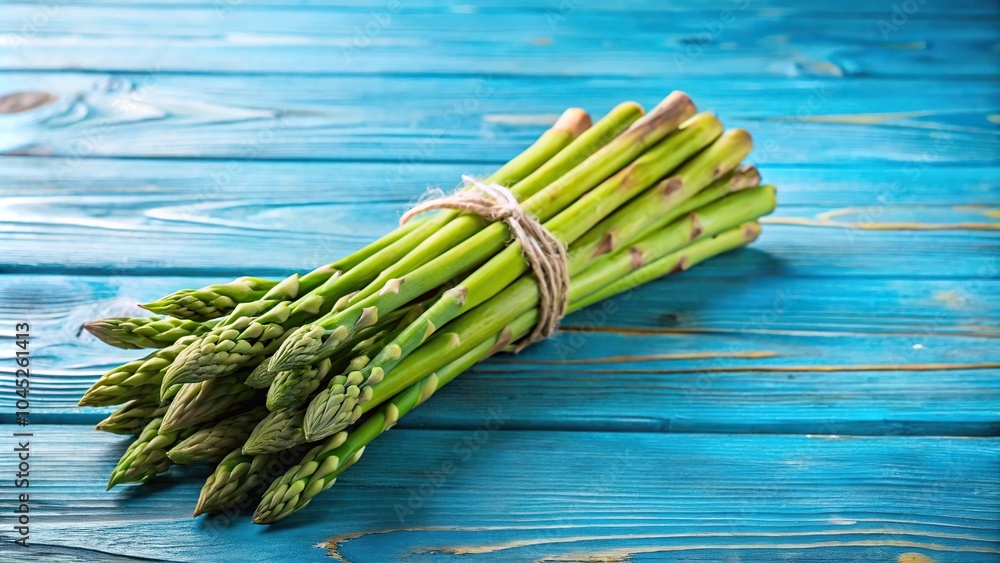 Wall mural Fresh asparagus on blue wooden table