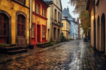 Fototapeta premium Old town architecture cobblestone building street.