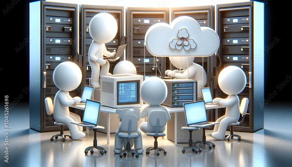 Poster 3d team deploying cloud applications concept candid capture teamwork competence action laptops serve
