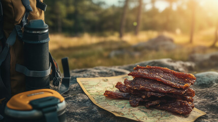 Beef jerky snack on map during outdoor adventure