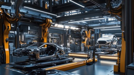 Fototapeta premium Auto factory interior with machinery, conveyor belts, and car frames being assembled by high-tech robotics.