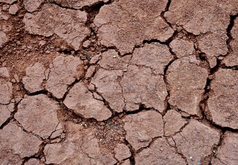 Broken cracked brown dry ground soil isolated on horizontal ratio full frame background.