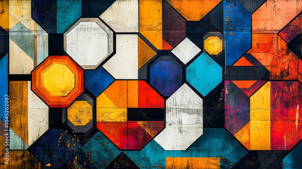 Poster bold and colorful geometric mosaic pattern with vibrant shapes and textures