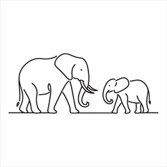 Fototapeta premium single one line asian elephant and African elephant silhouette on white background 