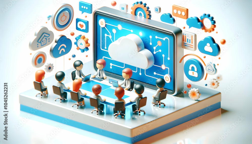 Poster 3d virtual meeting cloud integration concept screen sharing workflows abstract bokeh accents icon is