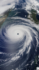 A satellite image captures a powerful cyclone swirling over the ocean. The storms eye is visible in the center, surrounded by a massive band of swirling clouds.