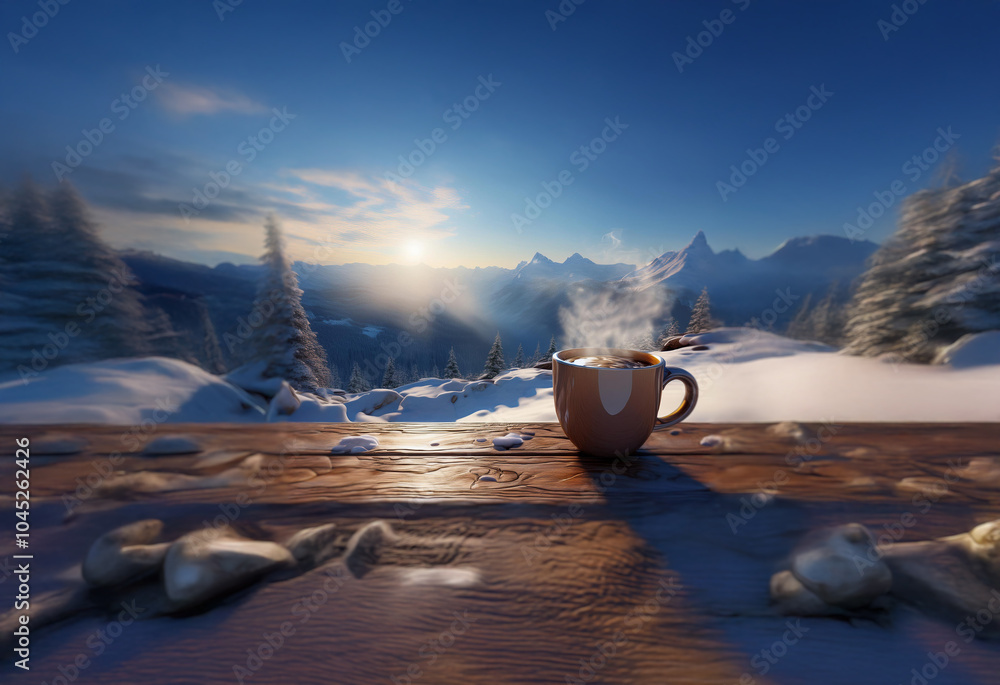 Aufkleber a steaming mug of coffee sits on a wooden table with a stunning mountain view in the background. sno